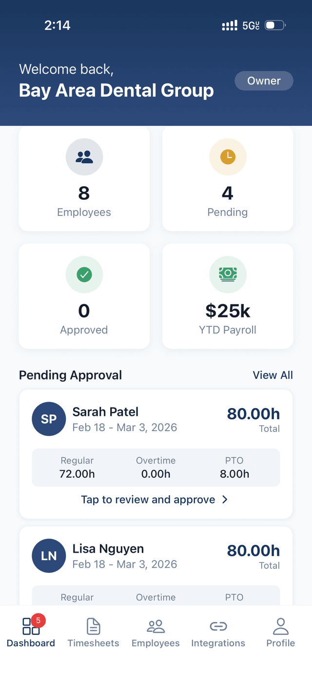 Client dashboard showing 8 employees, 4 pending timesheets, and $25k YTD payroll
