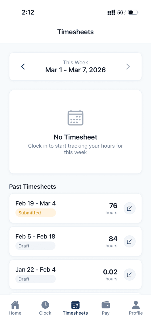 Timesheet history showing submitted and draft timesheets with hours